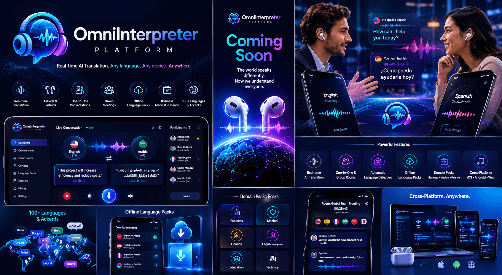 OmniInterpreter landing page concept with multilingual product panels